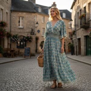 Max Studio Flutter Sleeve Long Dress Smocked Waist and Blue Floral Pattern 1X